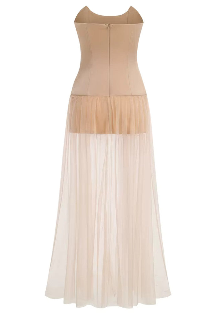 Strapless Embellished Mesh A Line Maxi Dress Nude