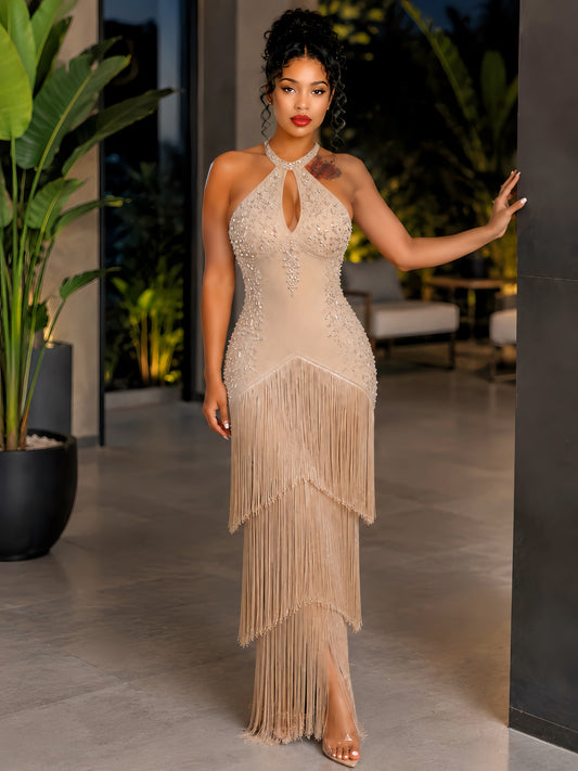 Champagne Allure Fringe Maxi Dress
