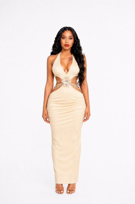 Halter Floral Backless Maxi Dress Gold