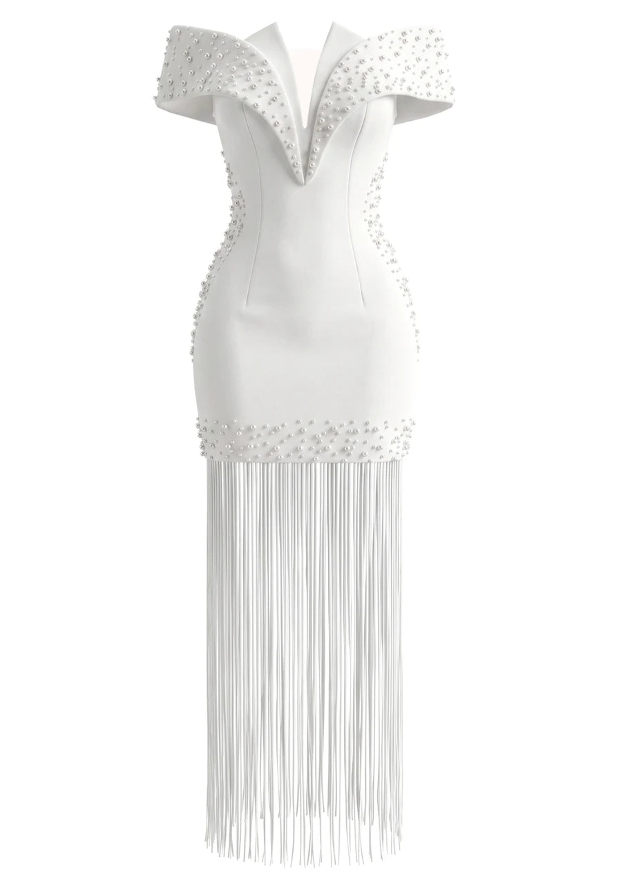 Pearl Embellished Bardot Tassel Maxi Dress White