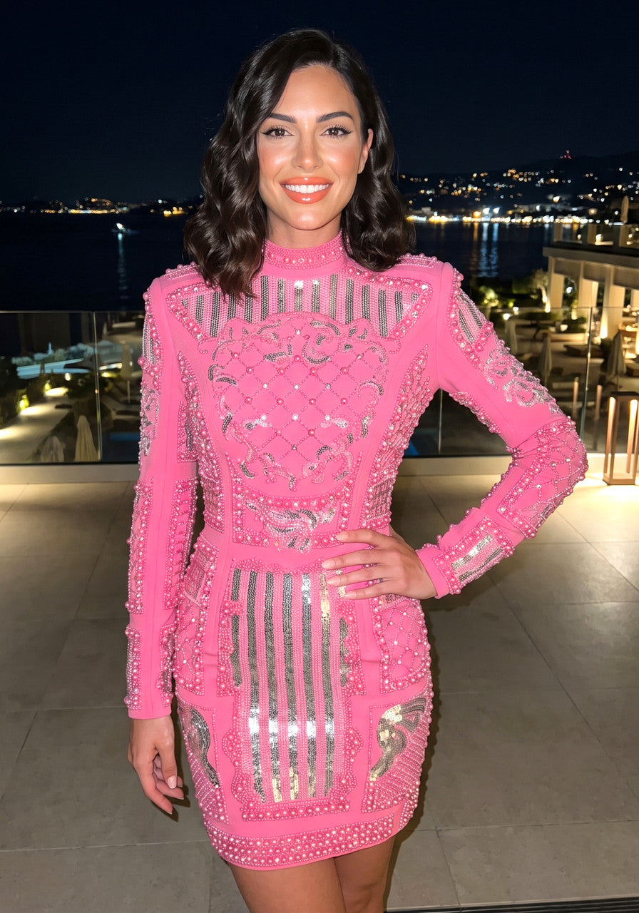 Long Sleeve Sequin Embellished Dress Hot Pink