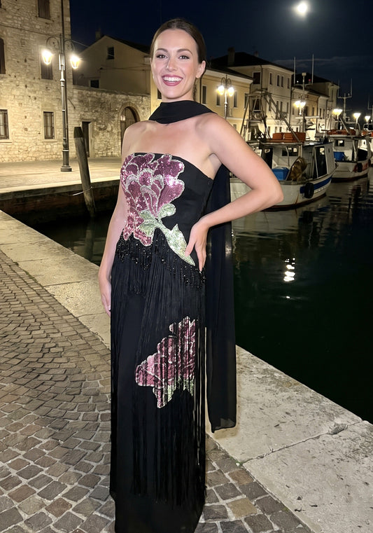 Strapless Sequin Floral Tassel Maxi Dress Black