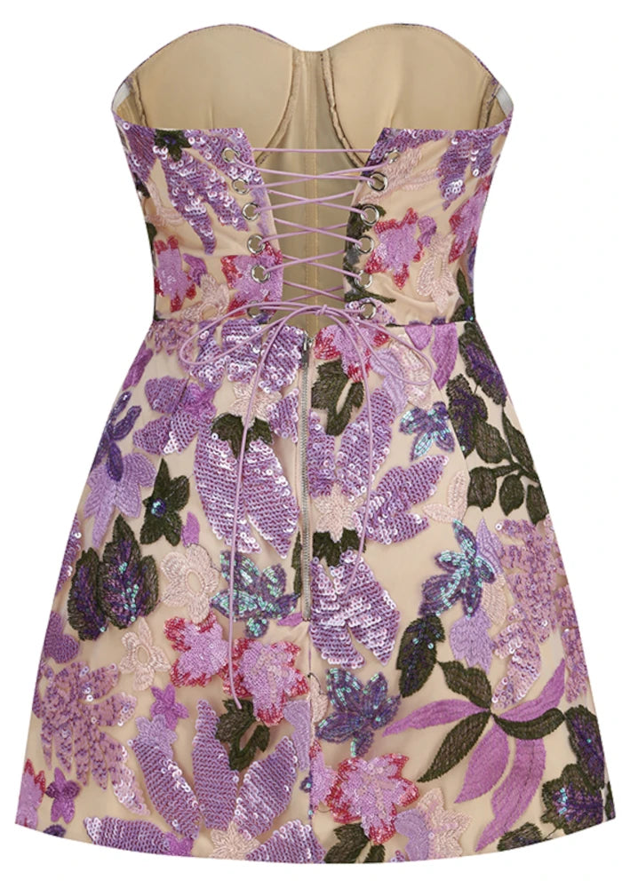 Strapless Floral Sequin Corset Dress Lavender