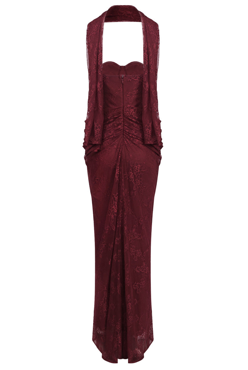 Strapless Draped Lace Bustier Maxi Dress Burgundy