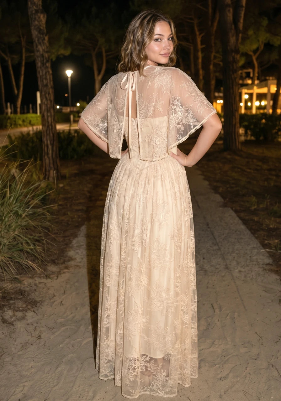 Lace Cape Strapless A Line Maxi Dress Champagne