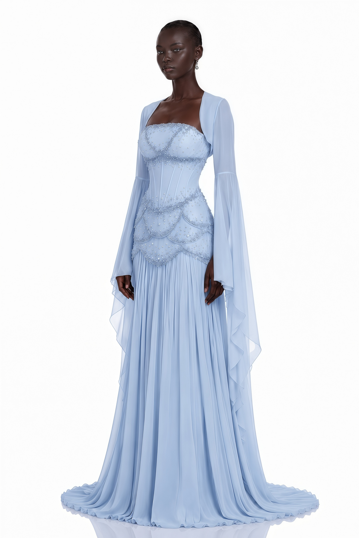 Faux-pearl-embellished Pleated Maxi Dress in Light-blue