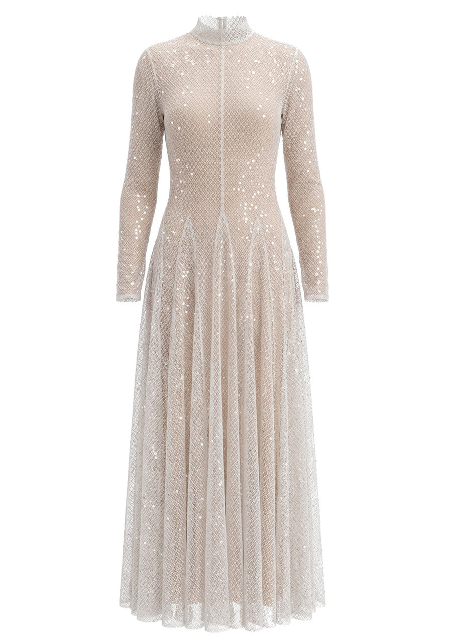 Long Sleeve Sequin A Line Maxi Dress Nude