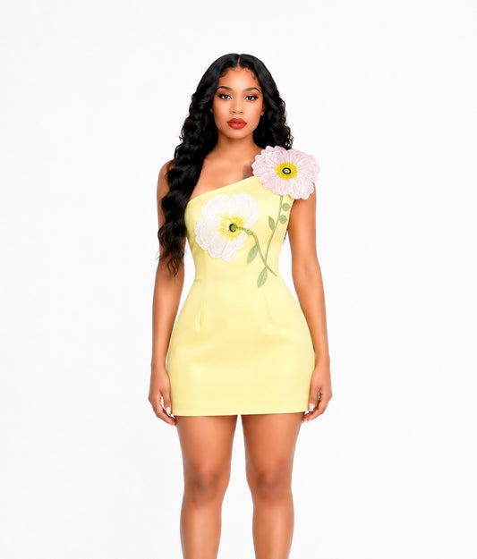 One Shoulder Flower Mini Dress In Yellow