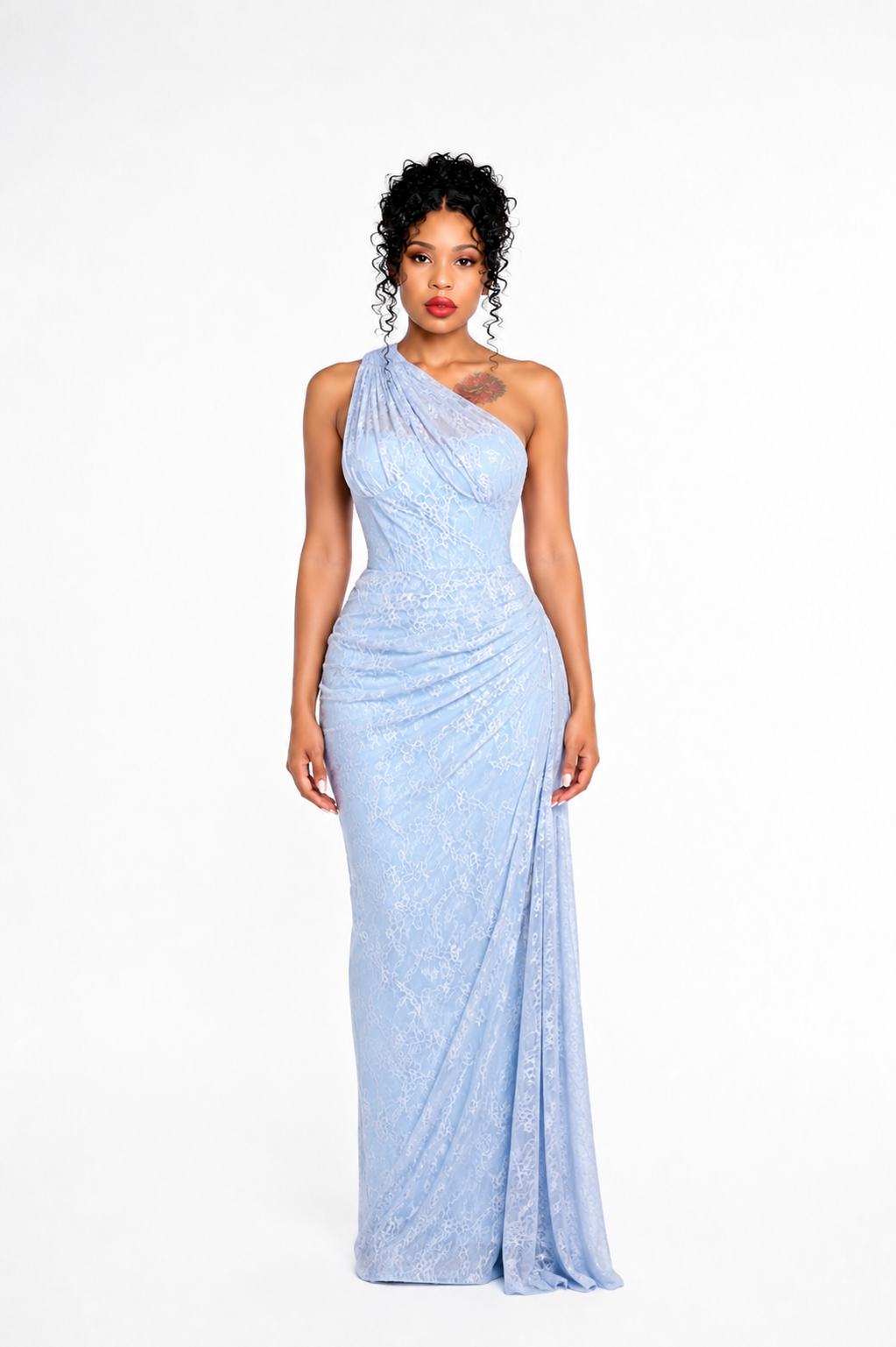 One Shoulder Draped Lace Maxi Dress Light Blue