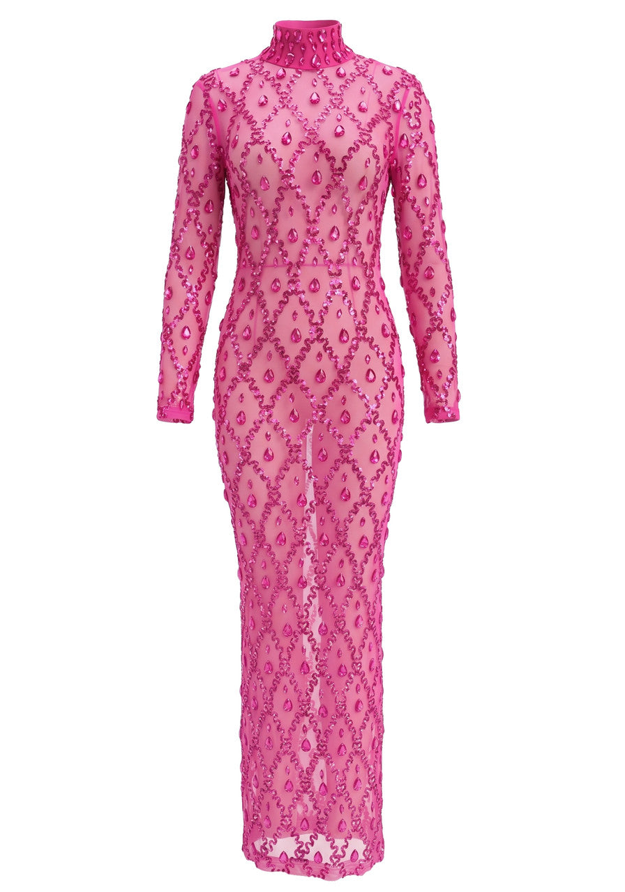 Long Sleeve Embellished Sequin Mesh Maxi Dress Hot Pink