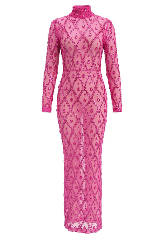 Long Sleeve Embellished Sequin Mesh Maxi Dress Hot Pink
