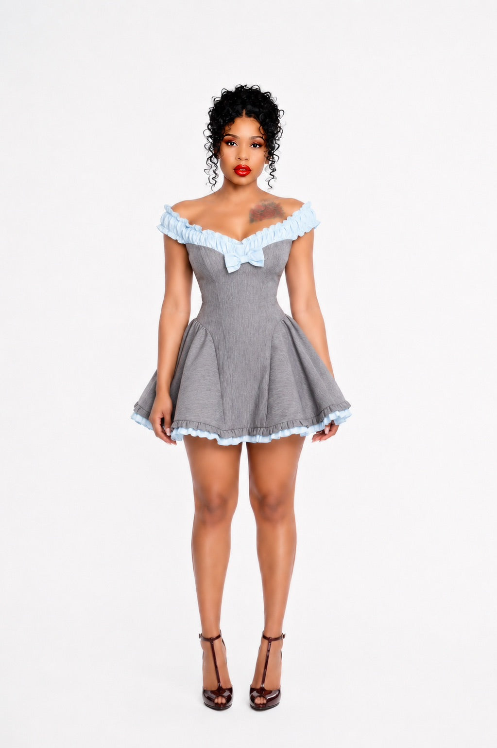 Ruched Bardot A Line Dress Grey Blue