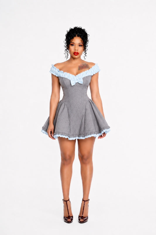 Ruched Bardot A Line Dress Grey Blue