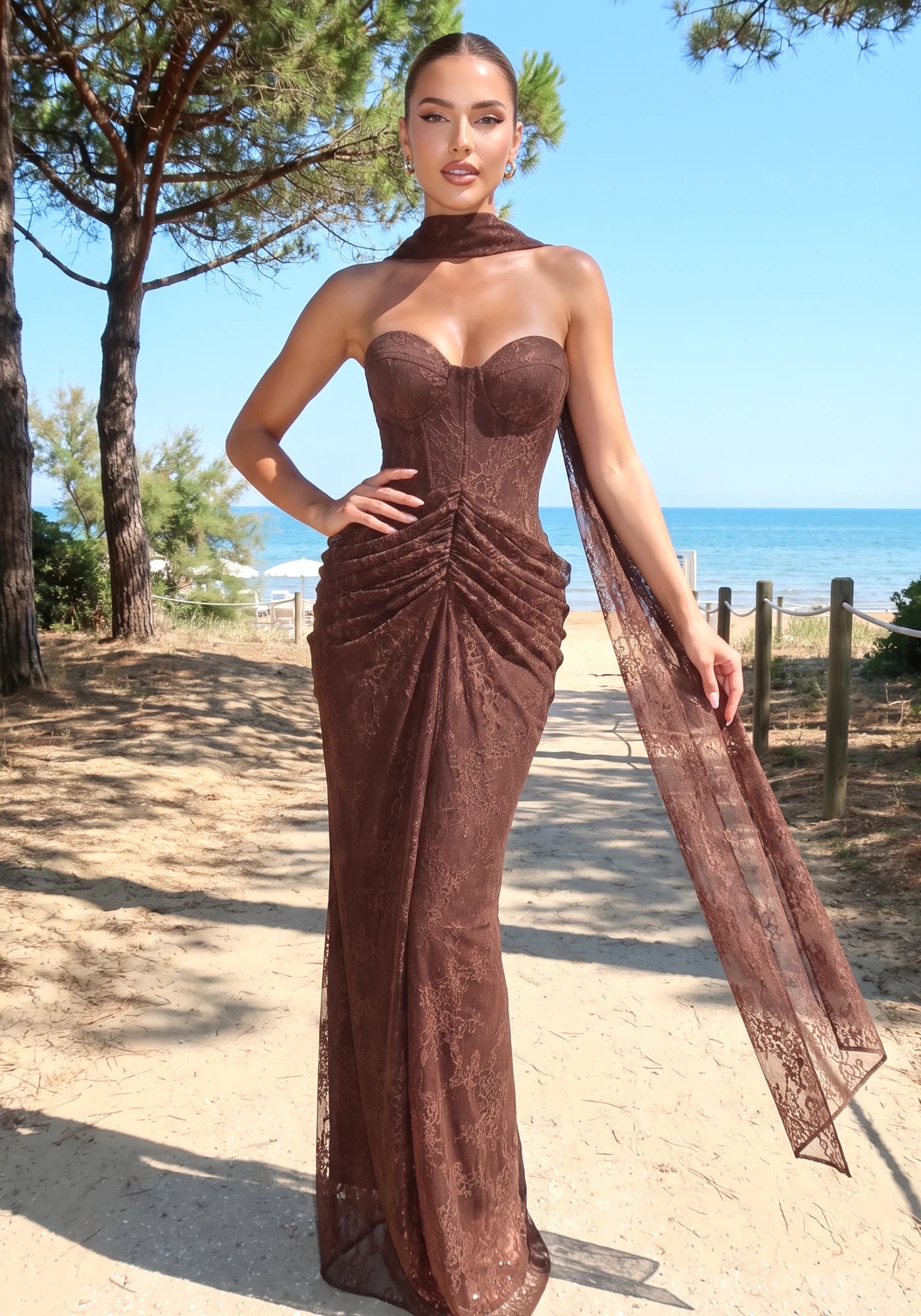 Strapless Draped Lace Bustier Maxi Dress Brown