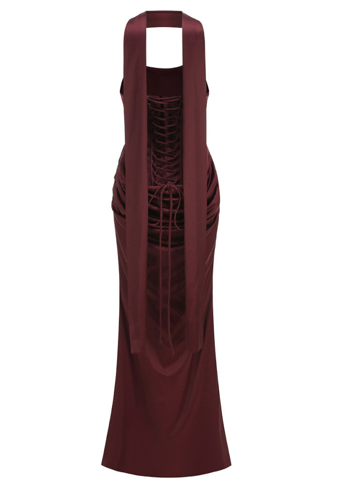 Strapless Draped Corset Maxi Dress Brown