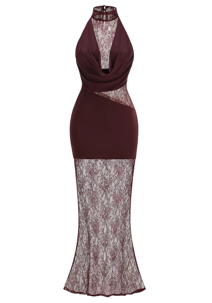 Lace Insert Draped Detail Maxi Dress Burgundy