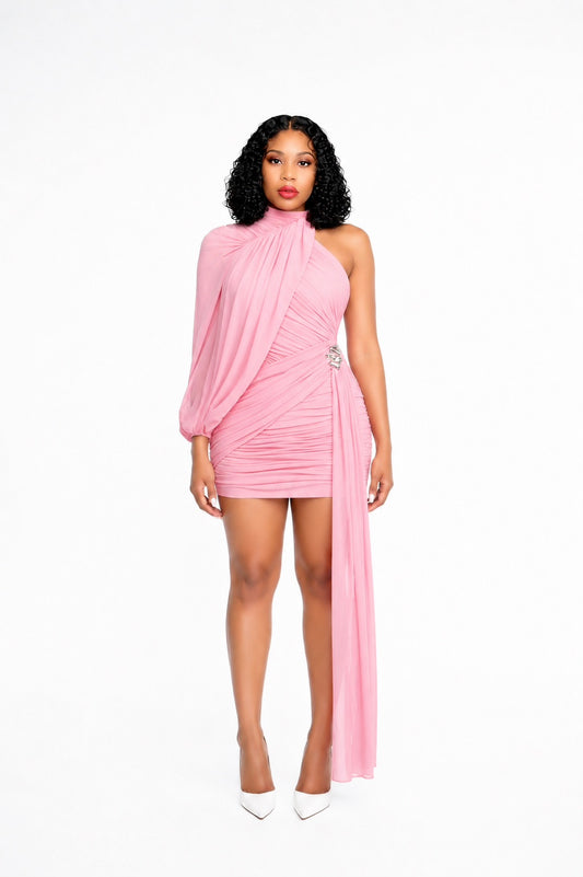 One Sleeve Draped Dress Pink