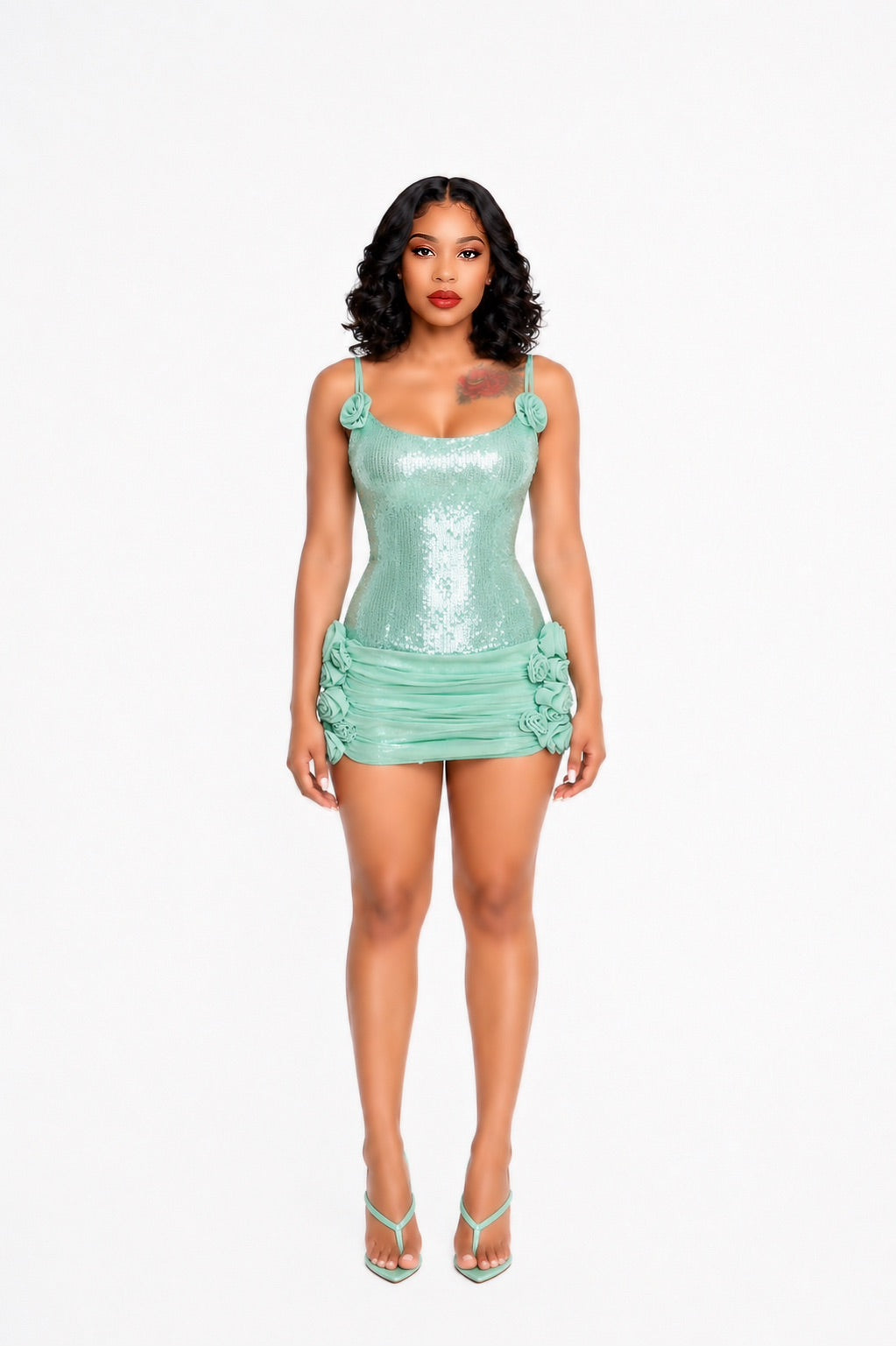Sequin Floral Draped Corset Dress Green