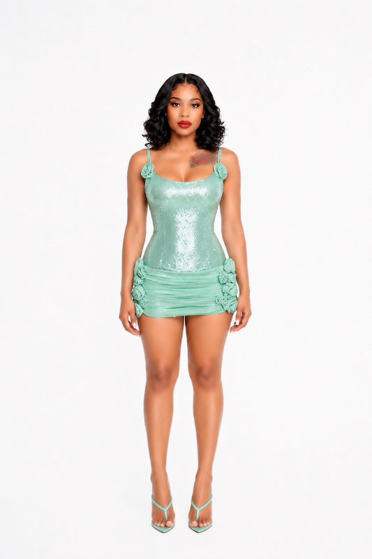 Sequin Floral Draped Corset Dress Green