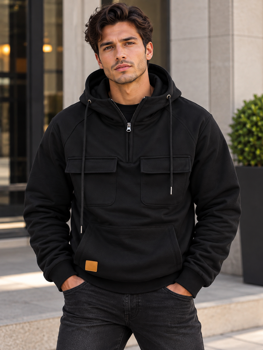 Men's Full Size Tactical Half-Zip Hoodie with Utility Pockets Plus Size