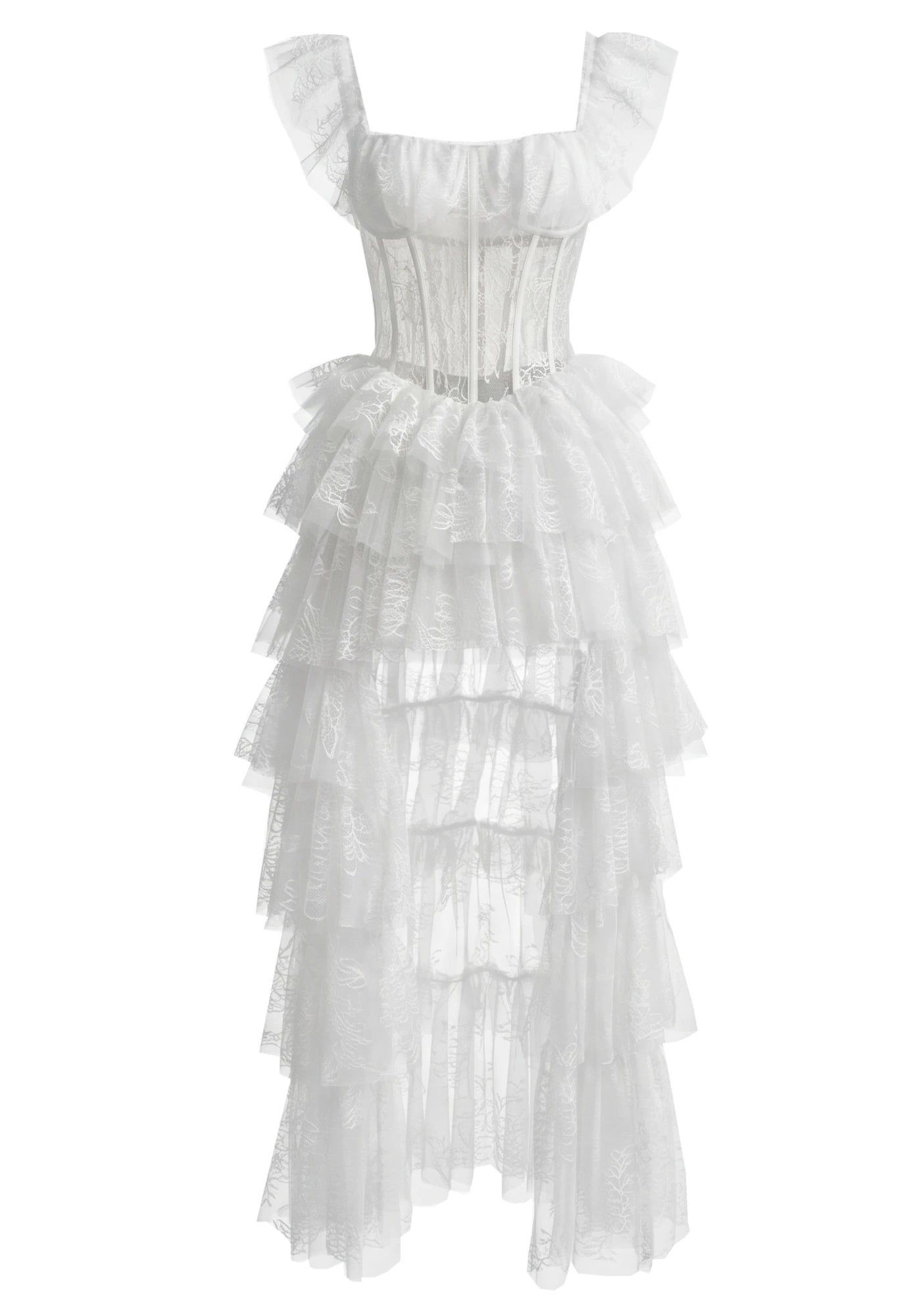 Lace Ruffle Maxi Dress White