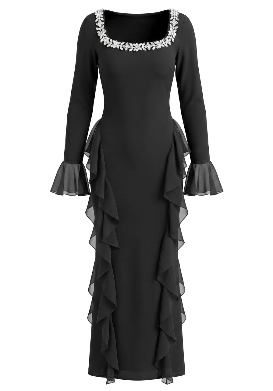 Long Sleeve Crystal Ruffle Detail Maxi Dress Black