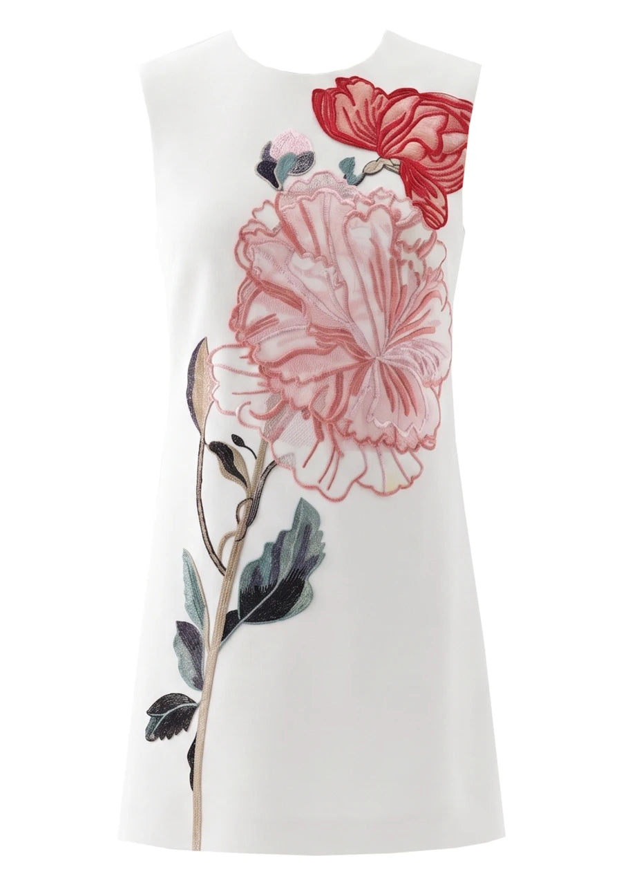 Floral Embroidered A Line Dress White