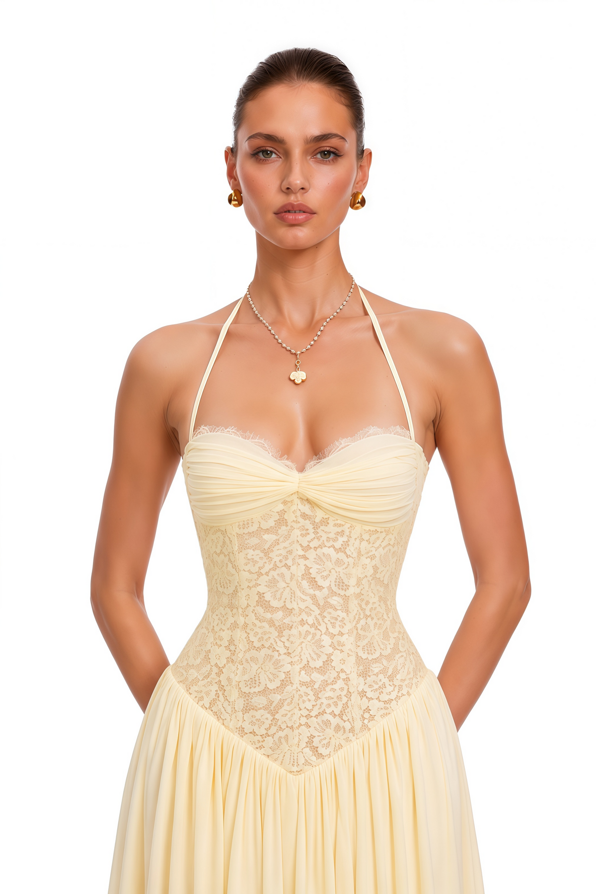 Yellow Halterneck Lace Corset Maxi Dress