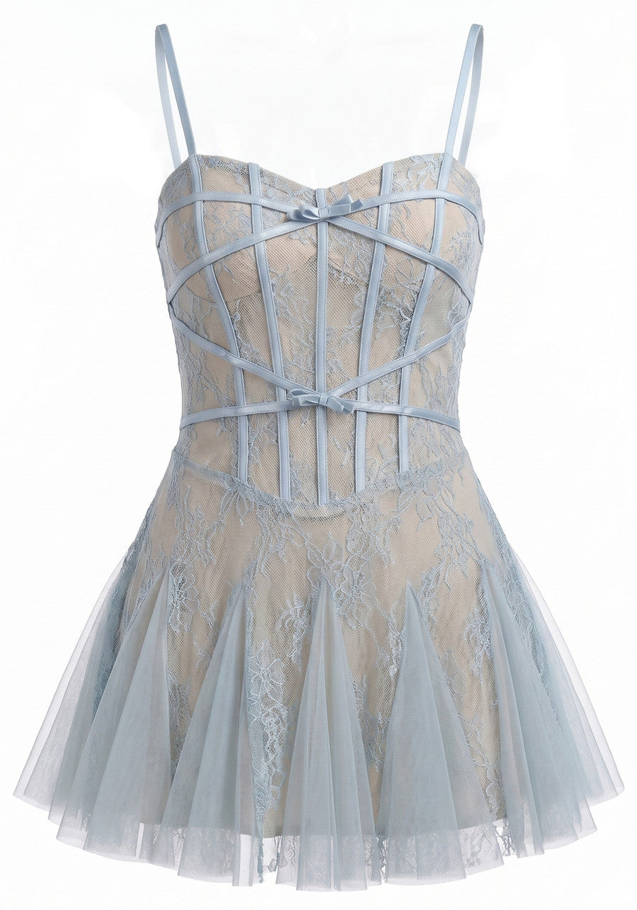 Lace Insert A Line Dress Blue