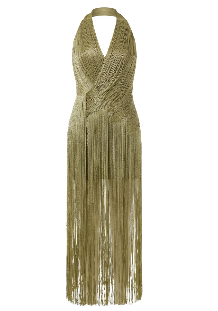 Halter Tassel Maxi Dress Olive Green
