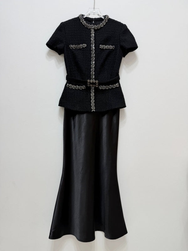 Noir Elegance Belted Skirt Set