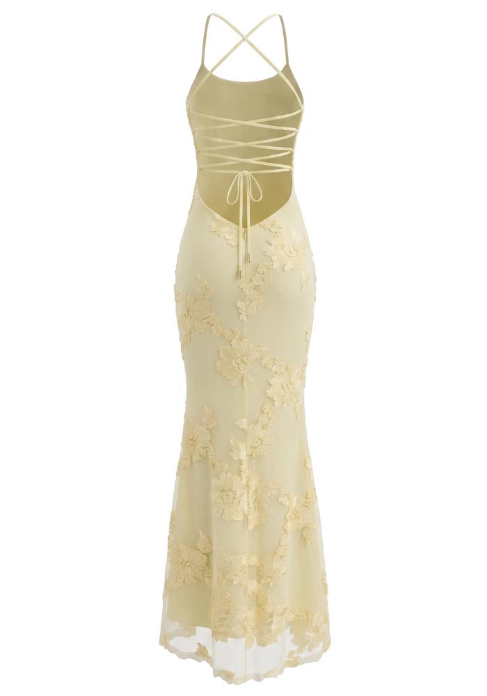 Halter Floral Strappy Backless Maxi Dress Yellow