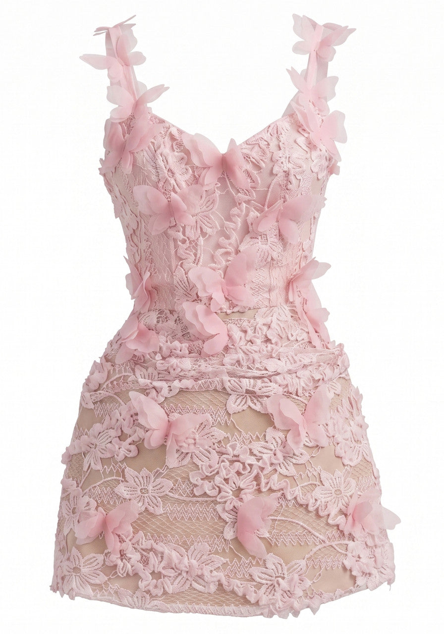 Floral Butterfly Lace A Line Dress Pink
