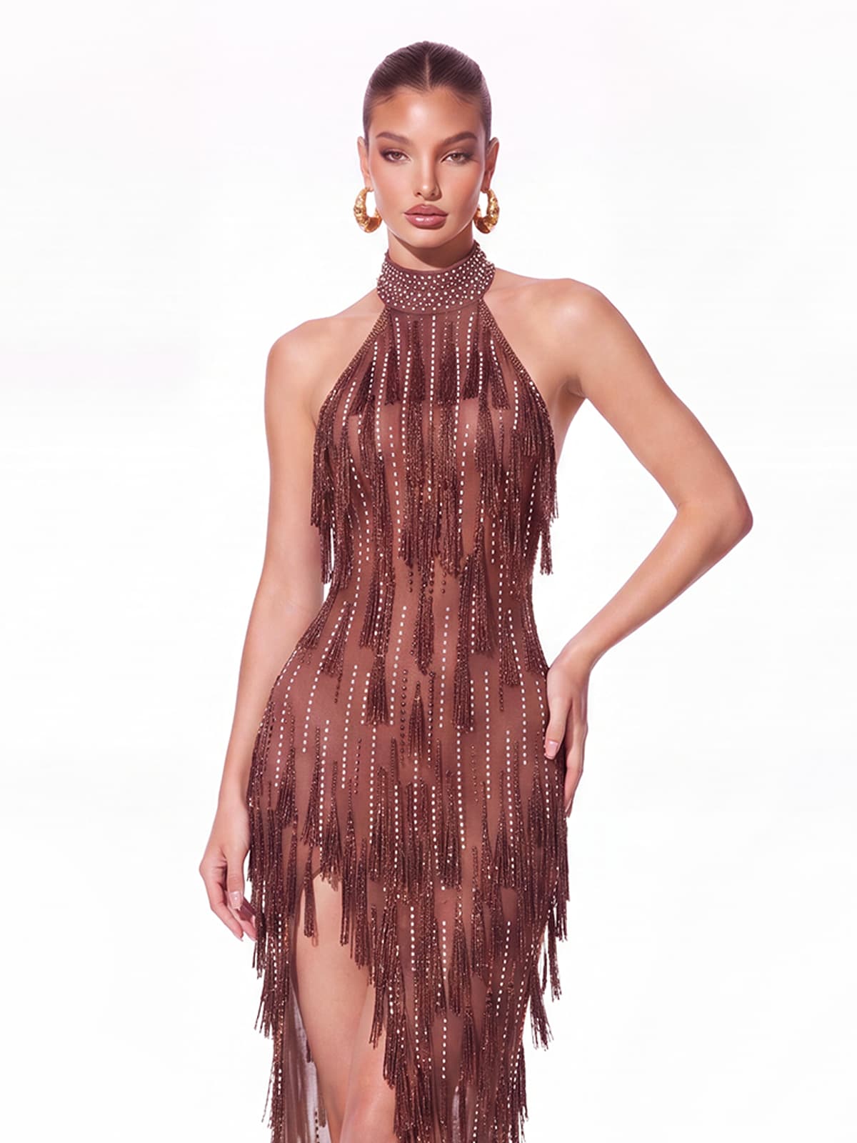 Halterneck Rhinestone Fringe Dress