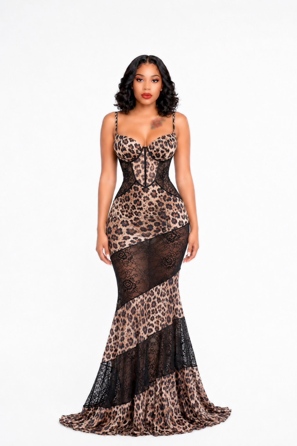 Spaghetti Strap Leopard Printed Patchwork Lace See-through