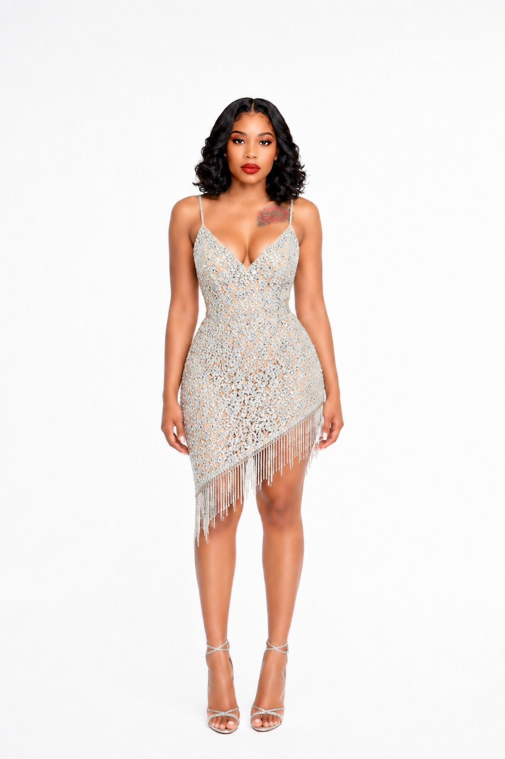 Strapless Crystal Floral Tassel Dress Silver