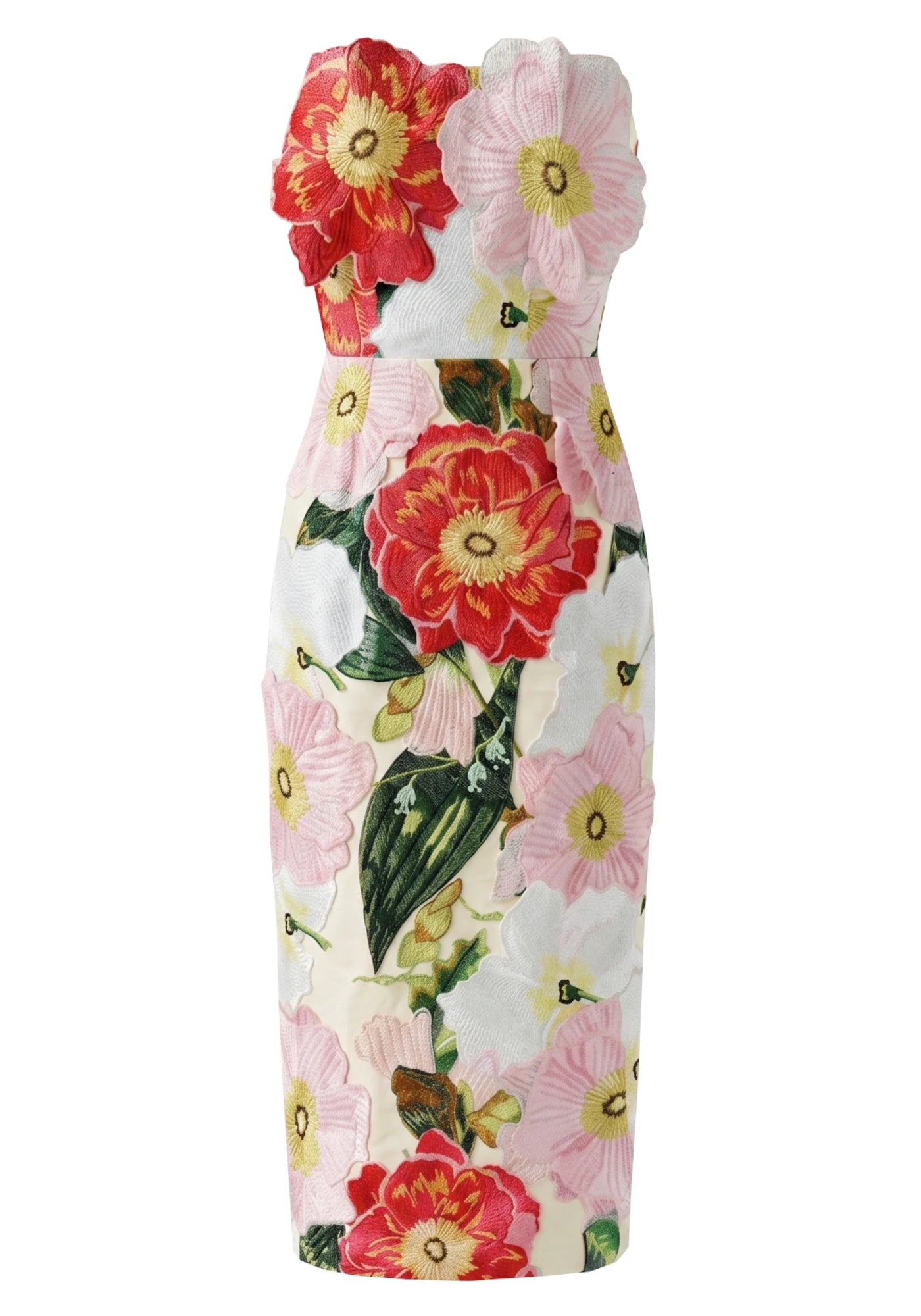 Strapless Floral Detail Midi Dress Red Pink