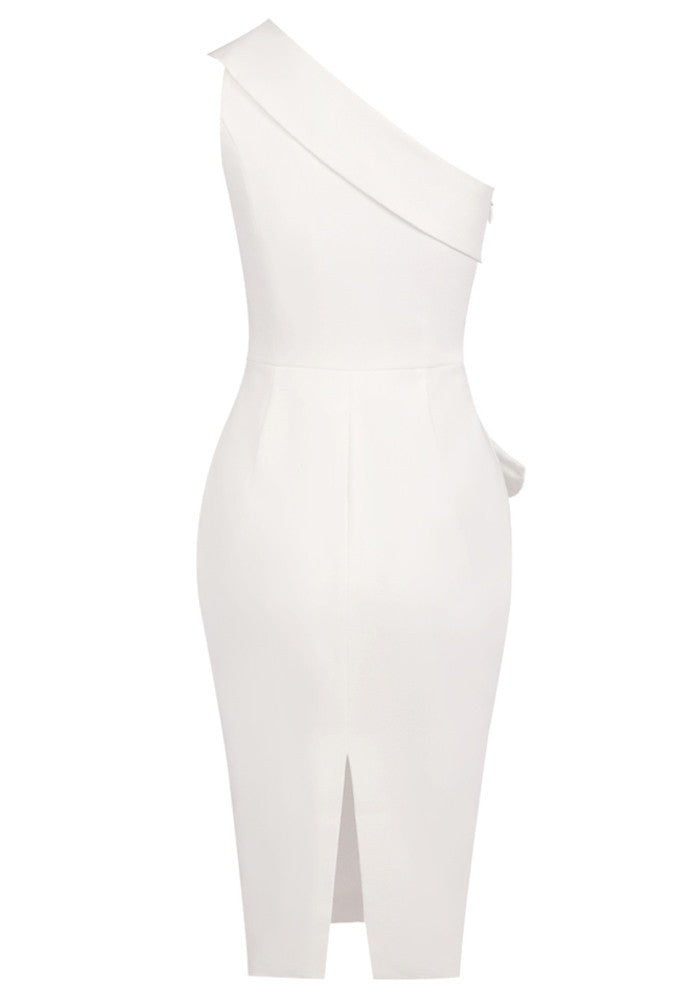 One Shoulder Draped Midi Dress White