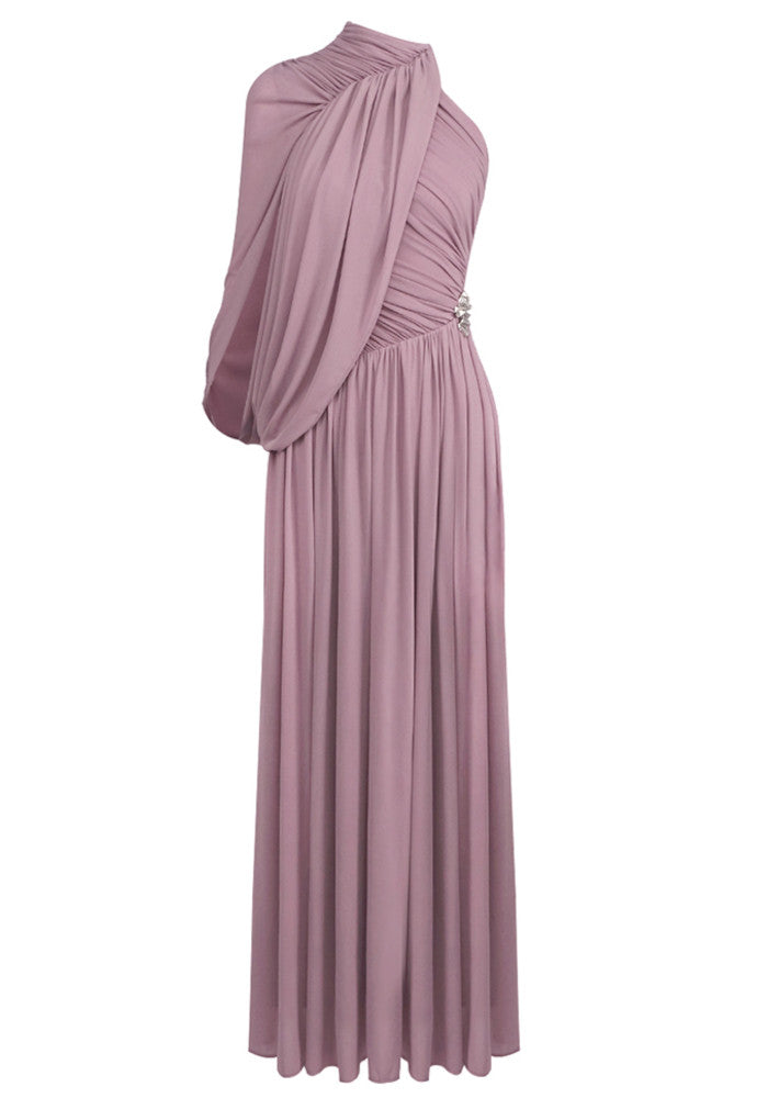 One Sleeve Draped Maxi Dress Dusty Pink