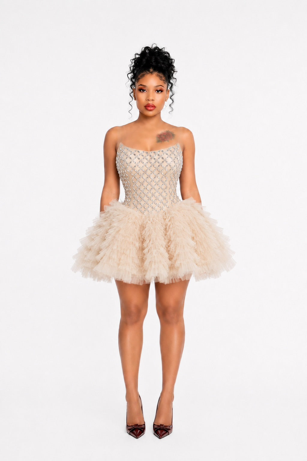 Strapless Embellished Ruffle Dress Nude
