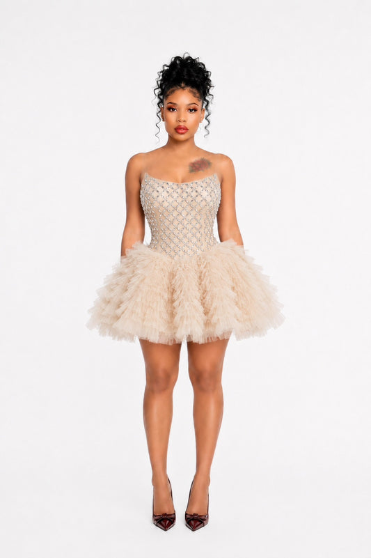 Strapless Embellished Ruffle Dress Nude