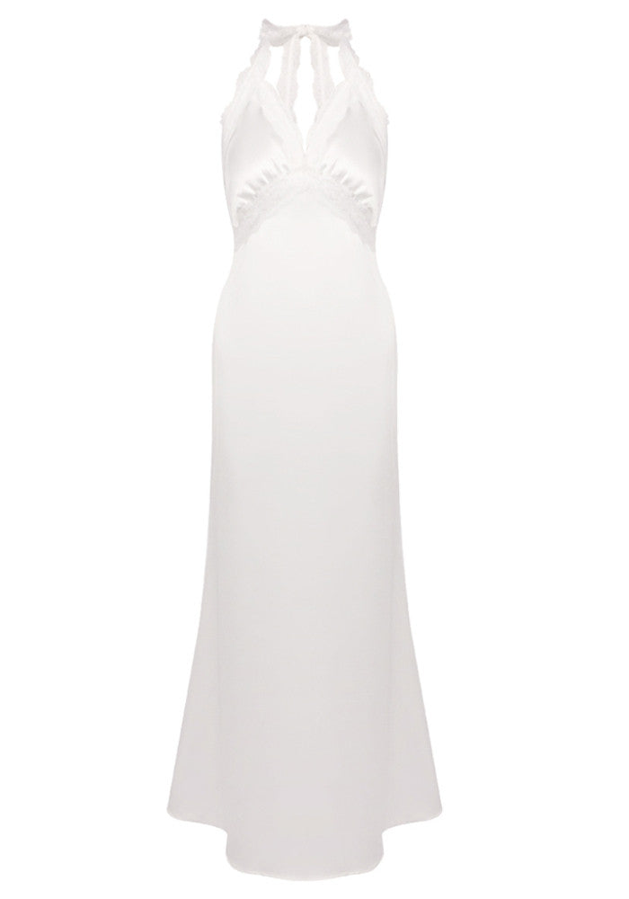 Halter Lace Silk Bustier Maxi Dress White