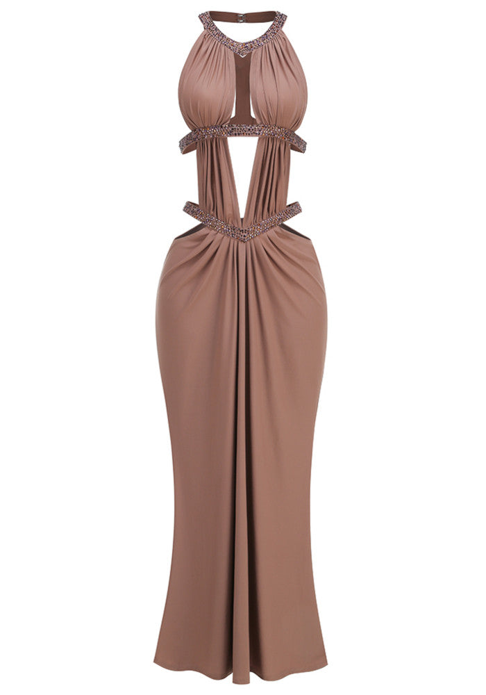 Halter Draped Cut Out Maxi Dress Brown