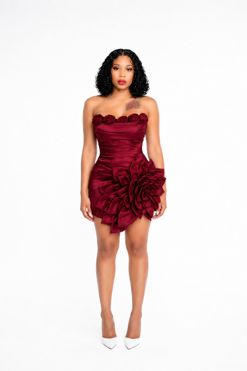 Strapless Floral Draped Dress Burgundy