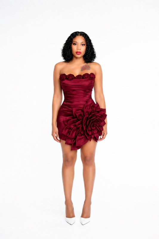 Strapless Floral Draped Dress Burgundy