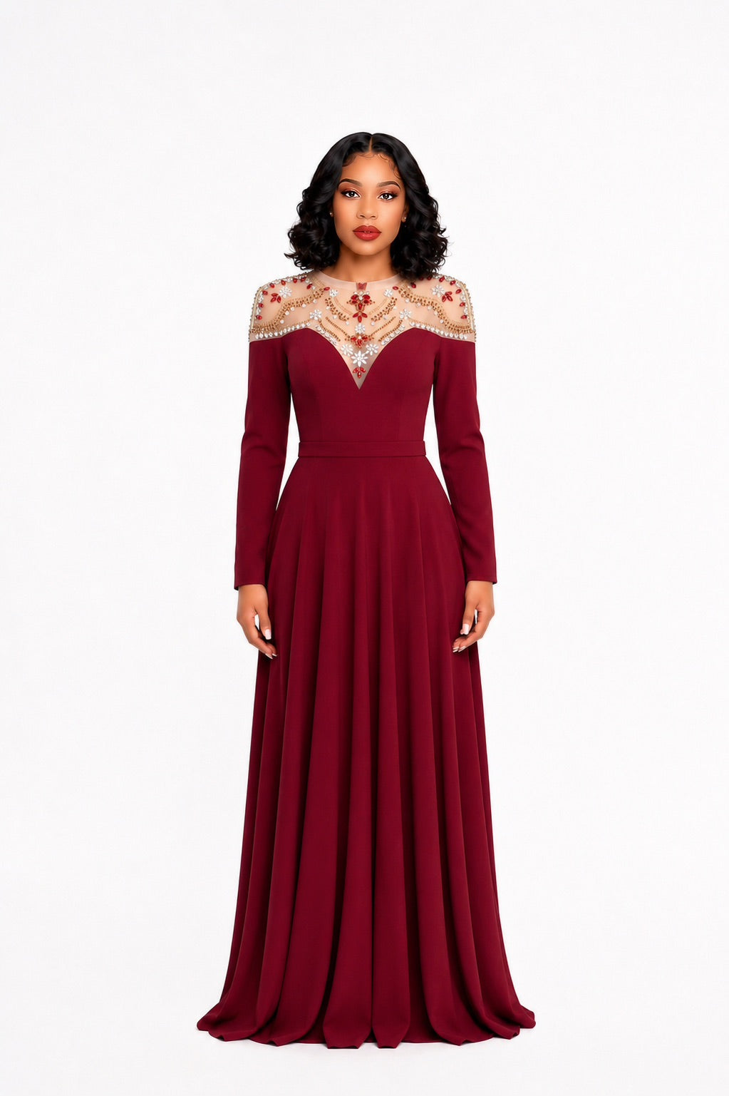 Long Sleeve Crystal Mesh A Line Maxi Dress Burgundy