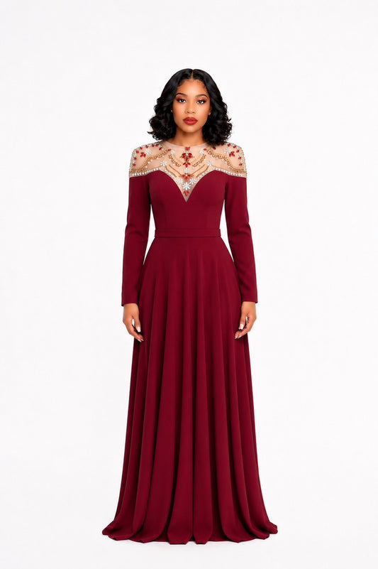 Long Sleeve Crystal Mesh A Line Maxi Dress Burgundy