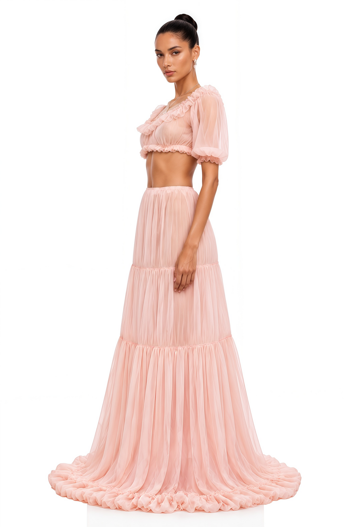 Pink Puff Sleeves Crop Top & Ruffled Skirt Set