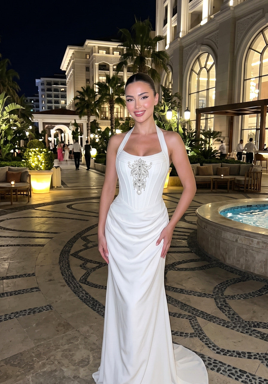 Halter Crystal Structured Draped Maxi Dress White
