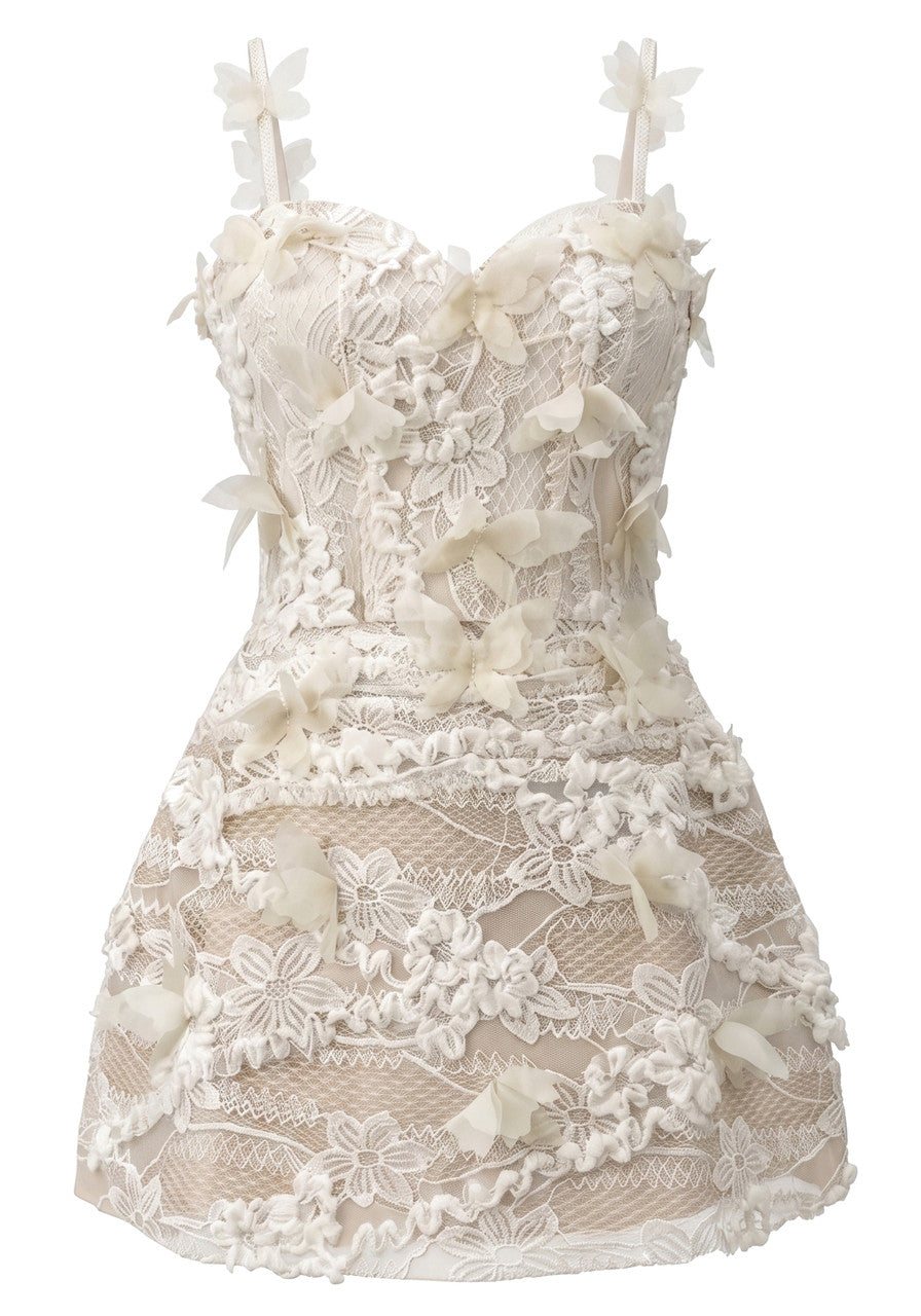 Floral Butterfly Lace A Line Dress Ivory